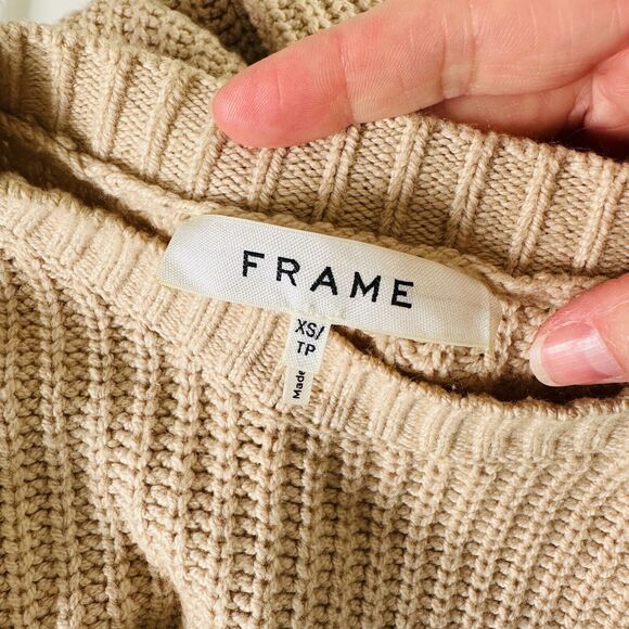 Frame Tan Ribbed Cable Knit Crew Neck Balloon Puff-Sleeve Banded Crop Sweater XS - Picture 7 of 12